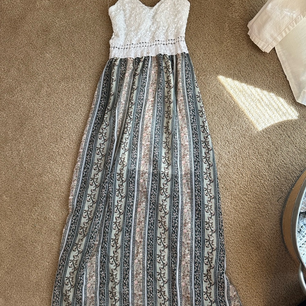 Justify White Lace Bodice Striped Maxi Dress